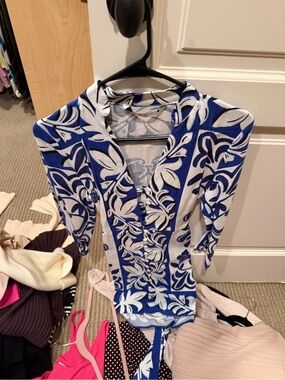 Zara Blue and White Floral Wrap-Front Top